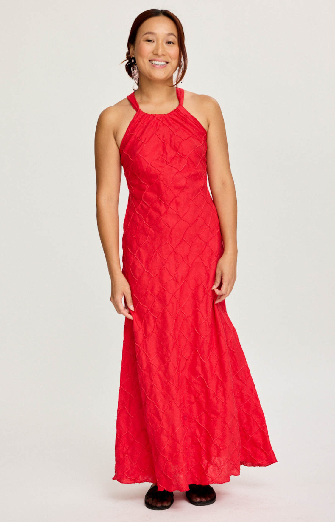 Backless LISA Linen Long Dress with adjustable tie straps Red