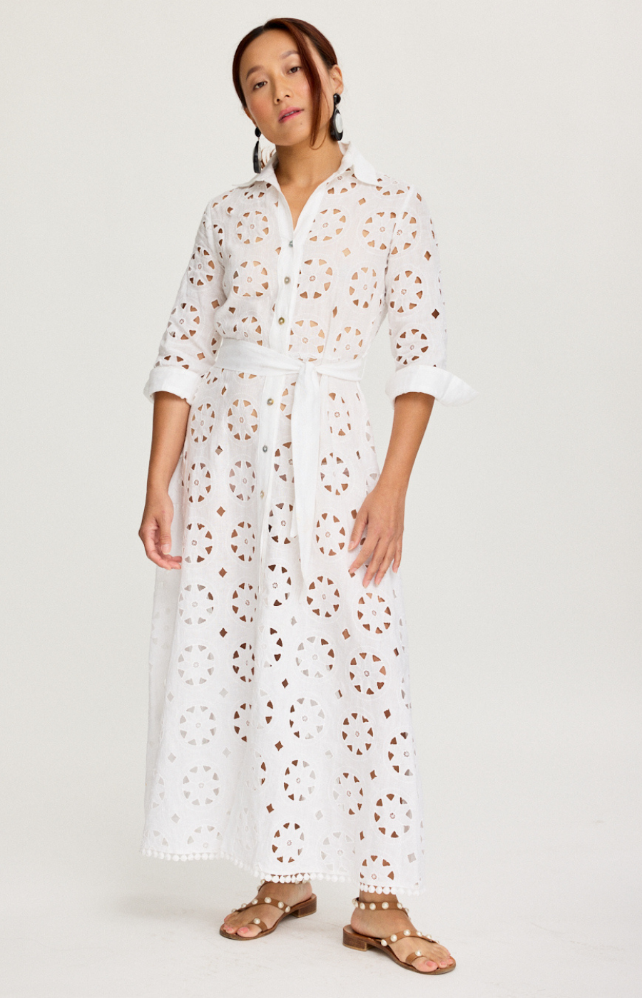 White Italian linen dress with Sangallo detailing and buttons