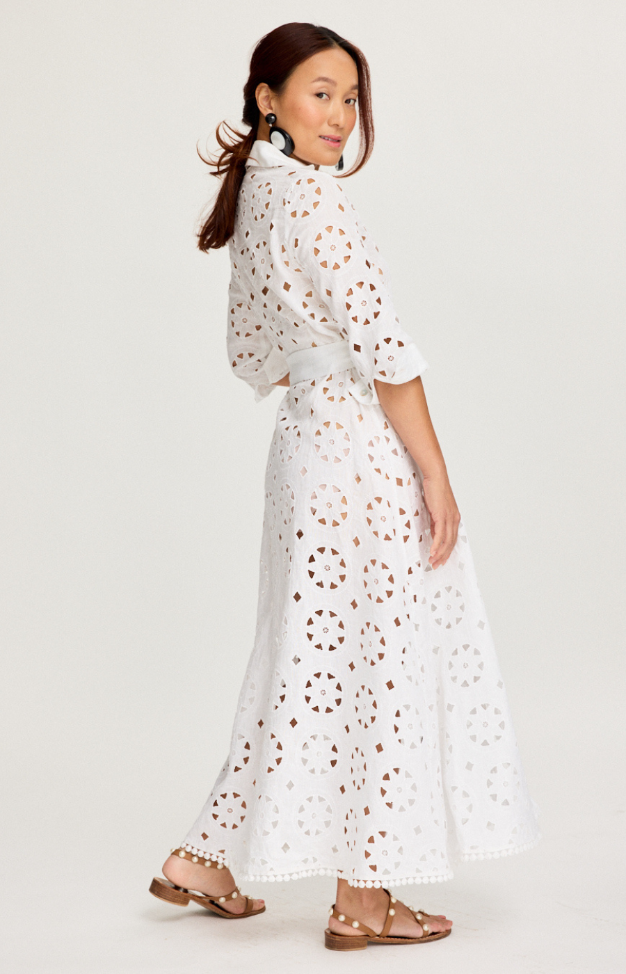 White Italian linen dress with Sangallo detailing and buttons