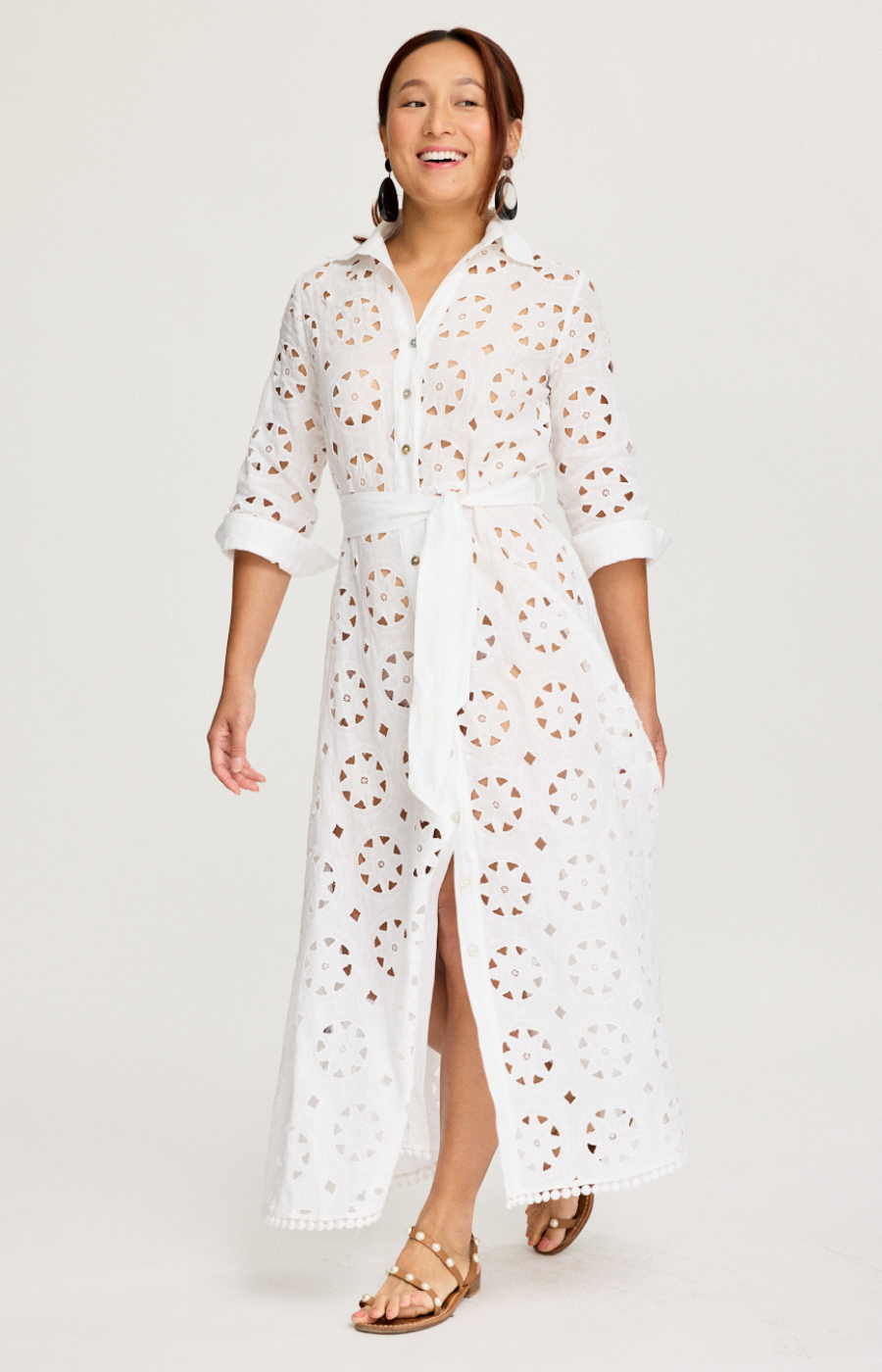 White Italian linen dress with Sangallo detailing and buttons