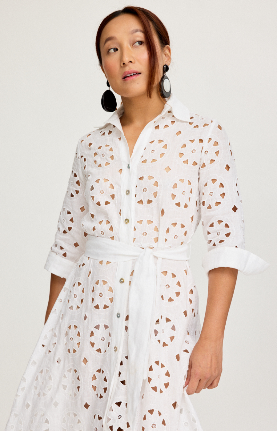 White Italian linen dress with Sangallo detailing and buttons