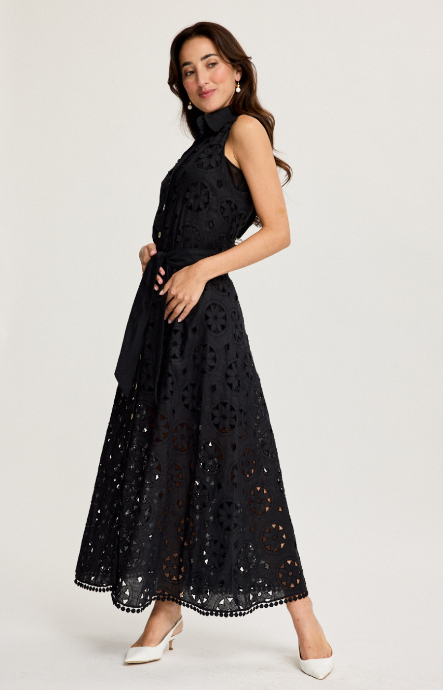 Elegant Black Linen Dress | Sleeveless Sangallo Linen Dress