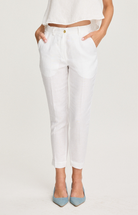White linen capri pants with mid-rise fit and elastic waistband, White