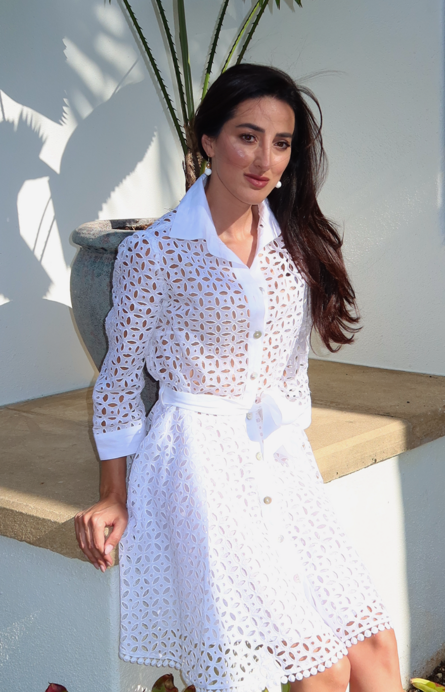 White embroidered linen mini dress with mother-of-pearl buttons