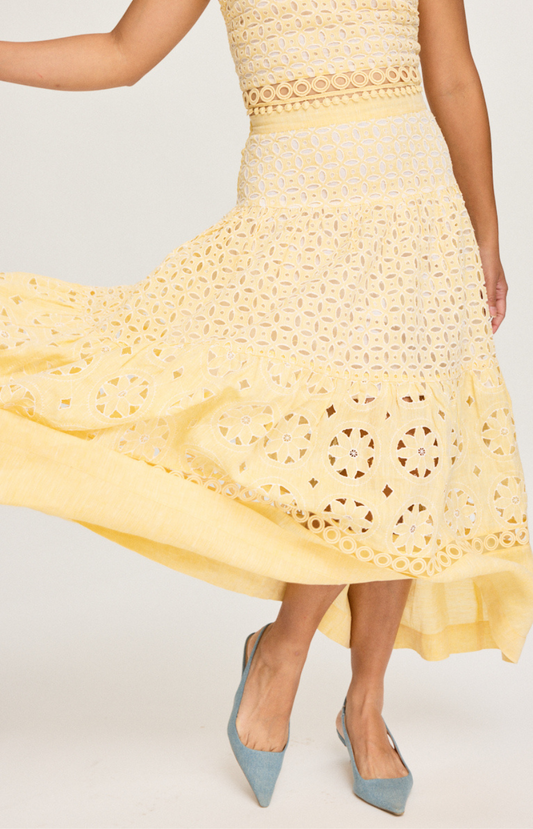 Raffaella linen bandeau top and maxi skirt with Sangallo embroidery