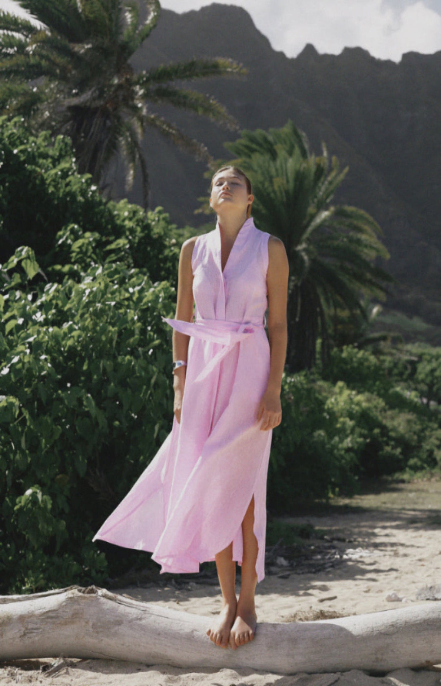 Woman in Pastel Pink dress standing on a beach with mountains and palm trees in the background