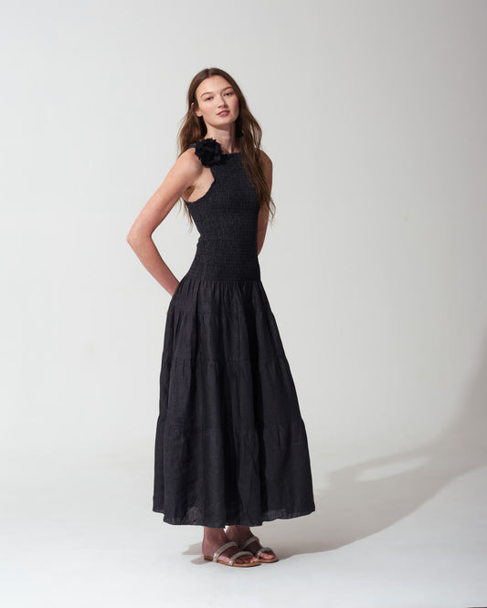 Woman wearing a Dark Denim dress with floral details on a background